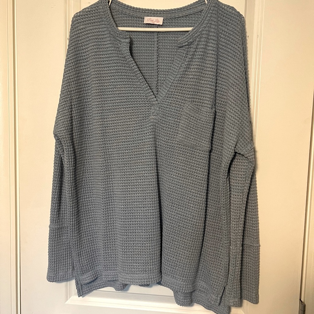 Blue Long Sleeve Waffle Knit Top from PINK LILY / V-Neck /  Size XL